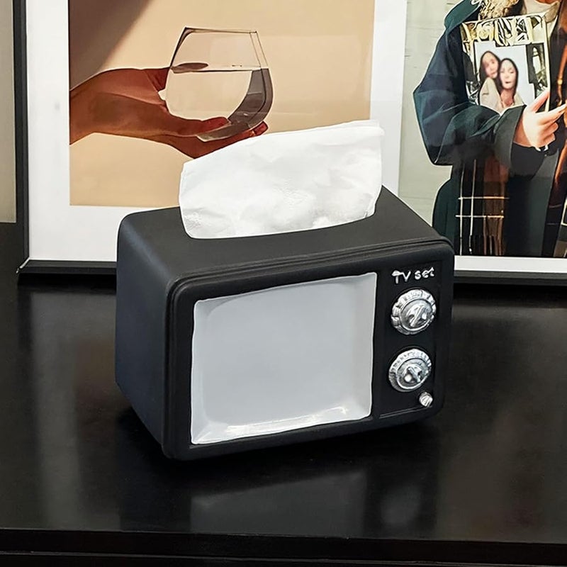 حامل علبة المناديل على شكل تلفزيون قديم من الراتنج، ديكور منزلي متعدد الوظائف لغرفة المعيشة - Image 4